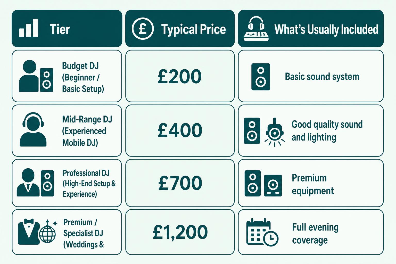 Infographic chart illustrating DJ Hire Cost UK 2026