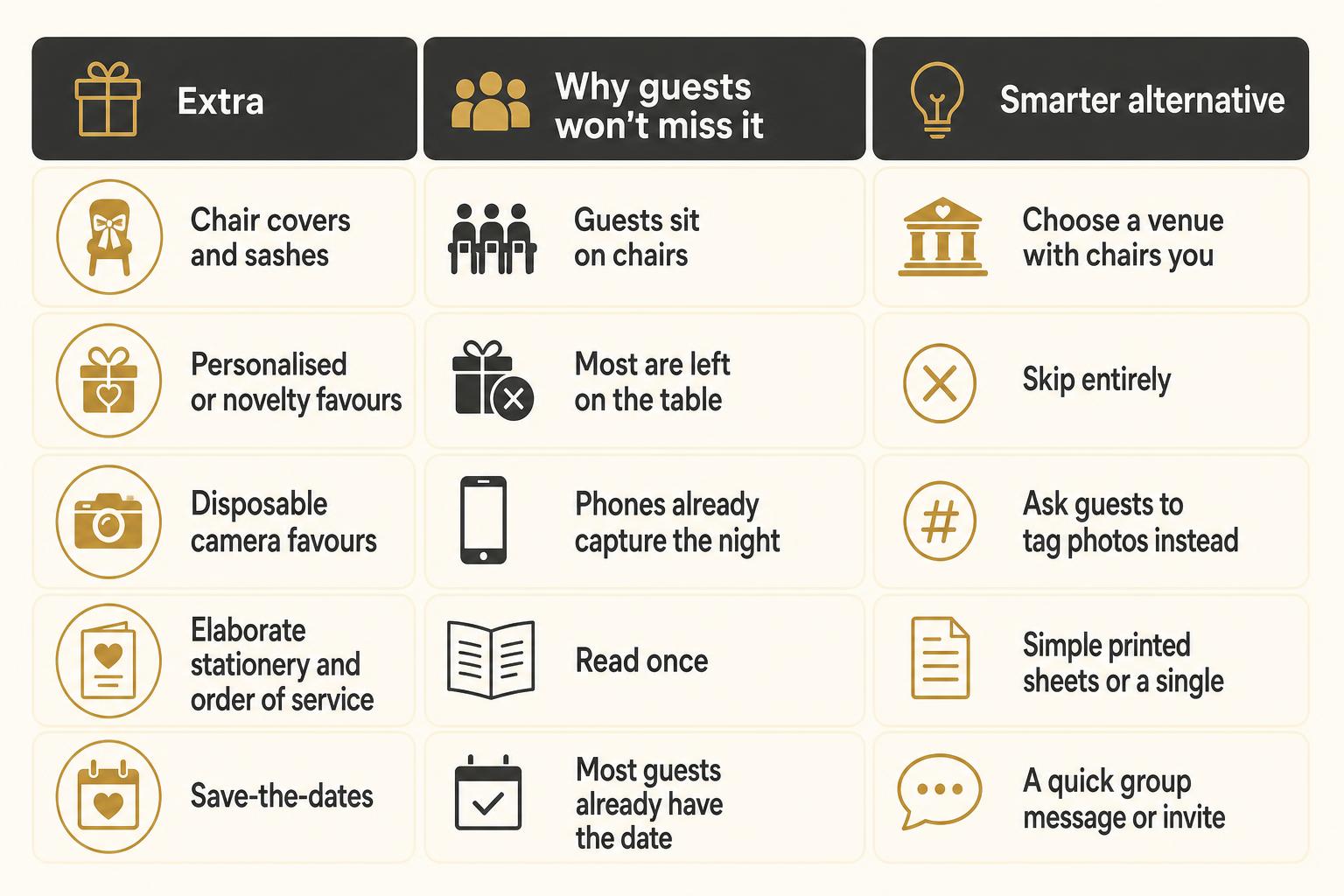 Infographic chart illustrating wedding extras that don’t matter