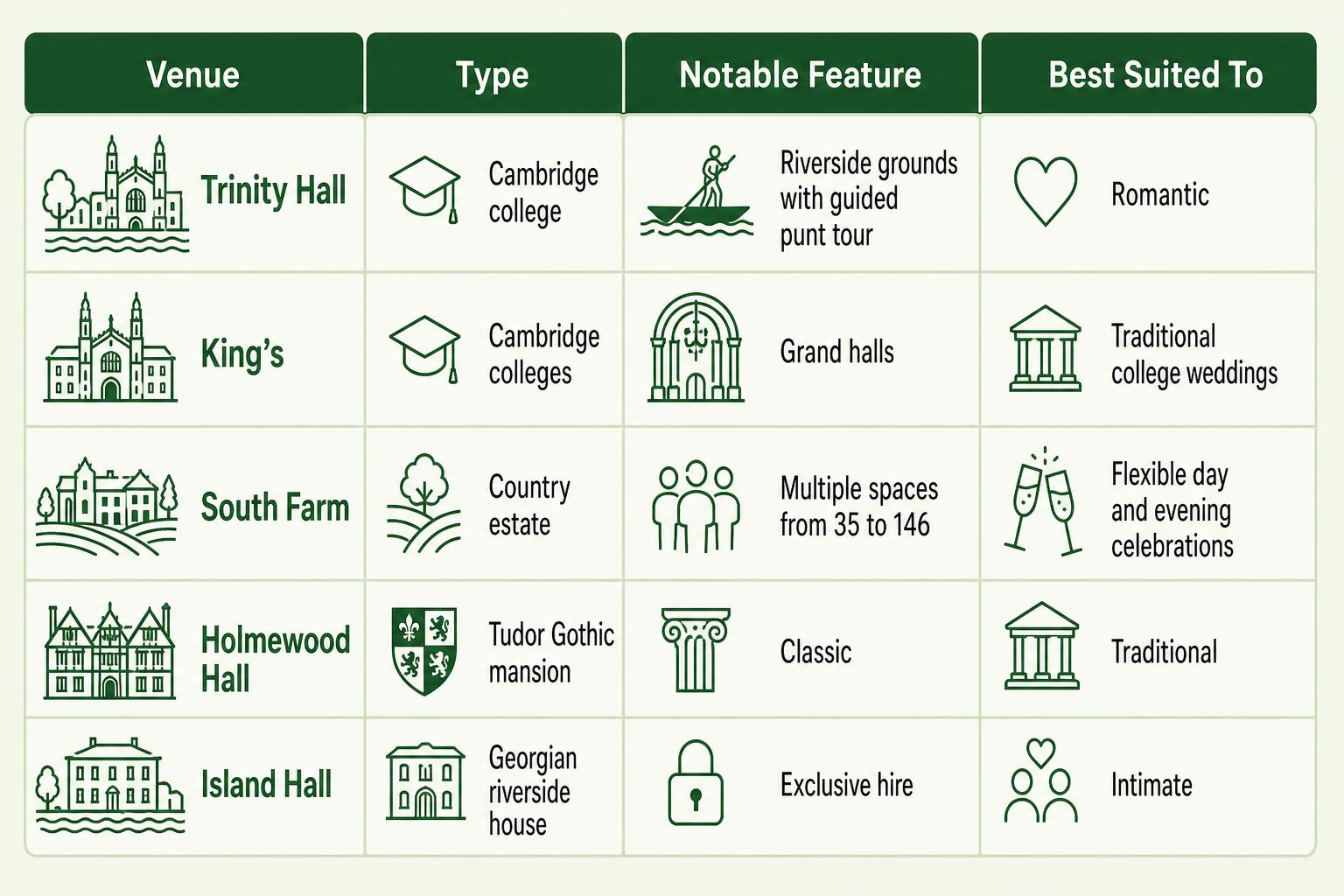 Infographic chart illustrating Cambridge Wedding venues